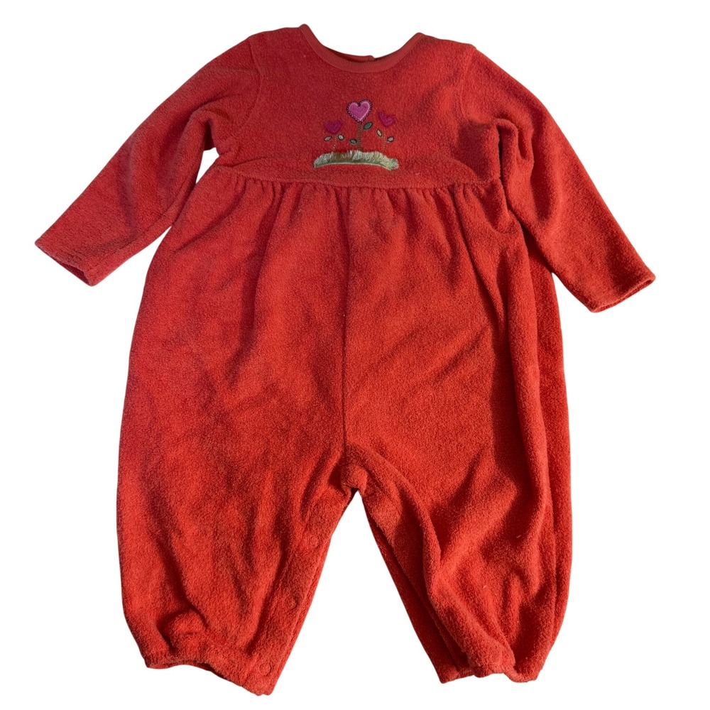 Vintage Y2K Carters Girls Fleece Coral Jumpsuit Floral Heart embroidered 12-18m